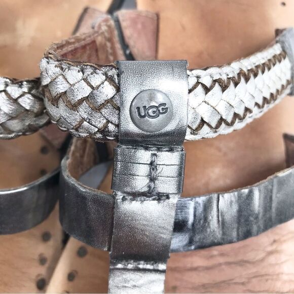 UGG Audra Metallic Silver Braid Leather Double Strap Thong Slide Boho Sandals - Picture 8 of 12